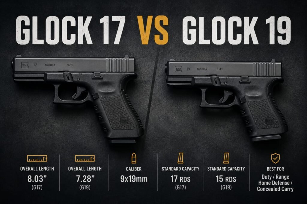 Image shows details of Glock 17 vs 19 side by side