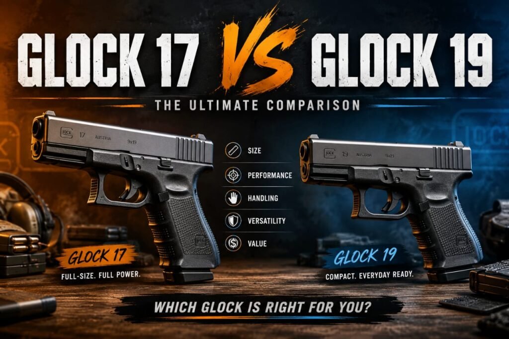 Image shows details of Glock 17 vs 19 compared side by side